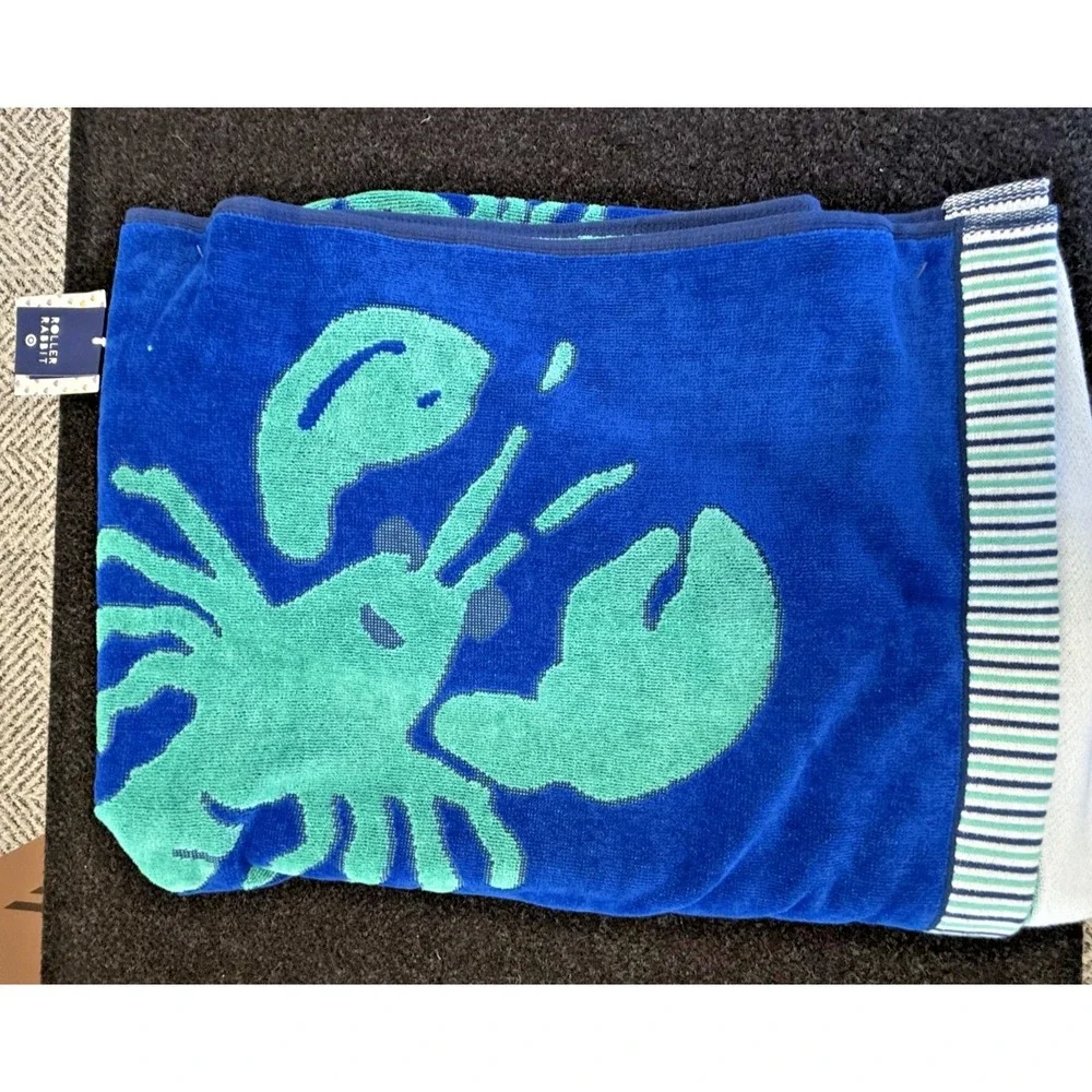 Roller Rabbit Blue Lobster Oversized Beach Towel‎ 40x72 Cotton Hanging Loop NWT